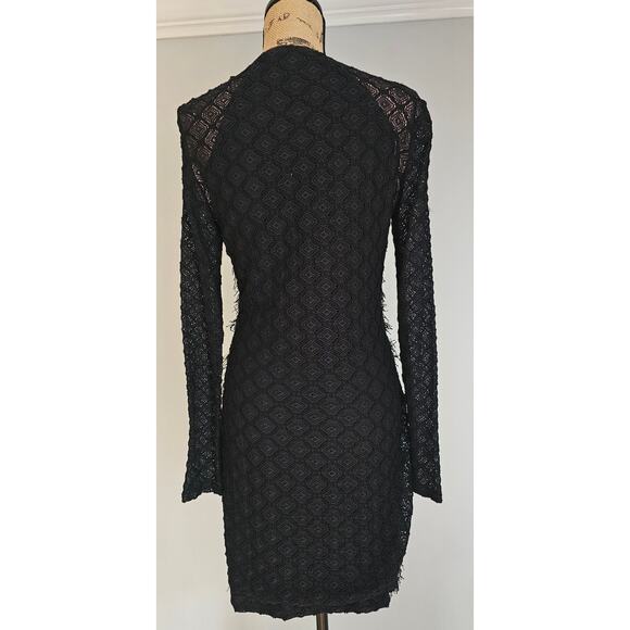 BCBGMAXAZRIA Black Velma Black Long-Sleeve Stretch Fringe Dress Womens Sz M - Picture 3 of 6